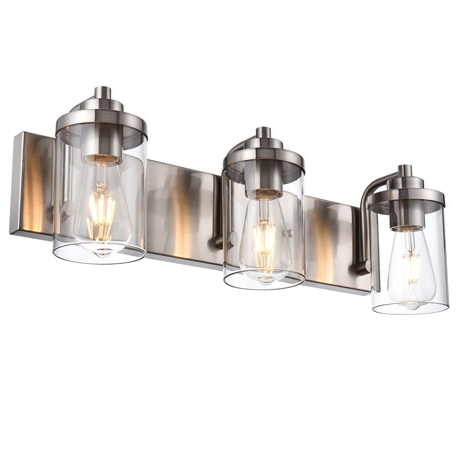 Modern 3-Light Brushed Nickel Bathroom Vanity Lighting with Clear Glass Shades - Over Mirror Fixture for Bathroom, Bedroom, Hallway & Living Room - Perfect for Makeup, Shaving & Ambient Lighting