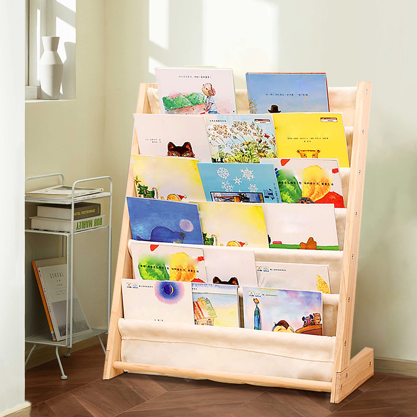 Kids Bookcase Organizer - Standing Book Storage Shelf with Canvas & Pine, Toy Display Rack for Bedroom & Playroom - Perfect for Kids' Book Storage, Toy Organization & Room Decor