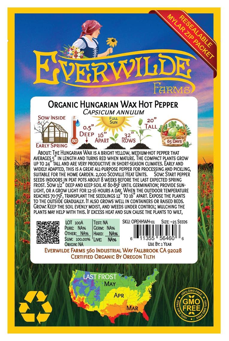 25 Organic Hungarian Wax Hot Pepper Seeds - Non-GMO, Heirloom, Open Pollinated - Perfect for Home Gardening, Cooking & Spicy Recipes