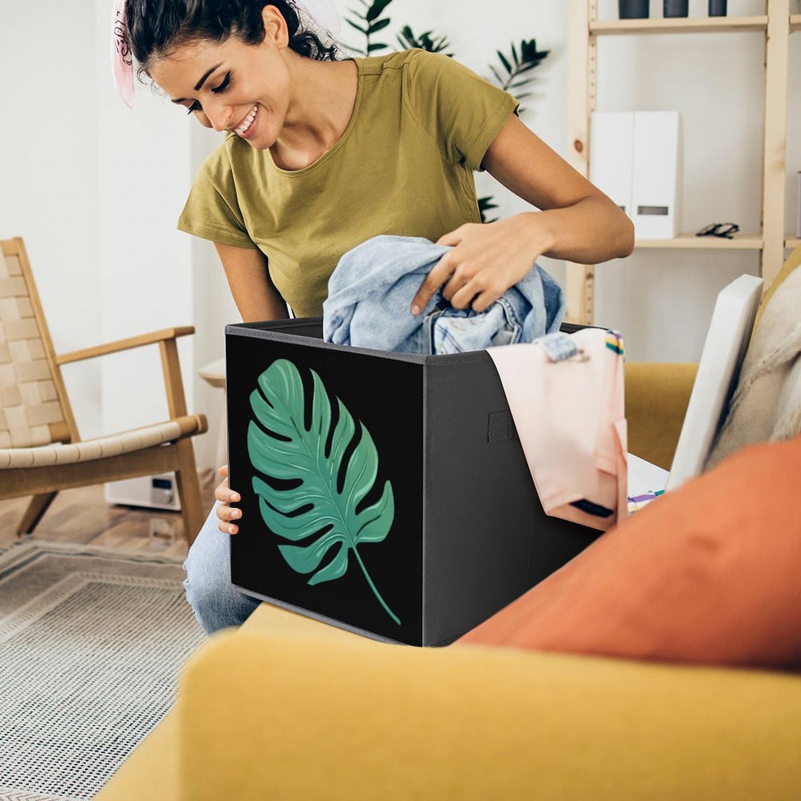 Tropical Leaves Storage Bins with Handles - Foldable Organizer for Home & Office