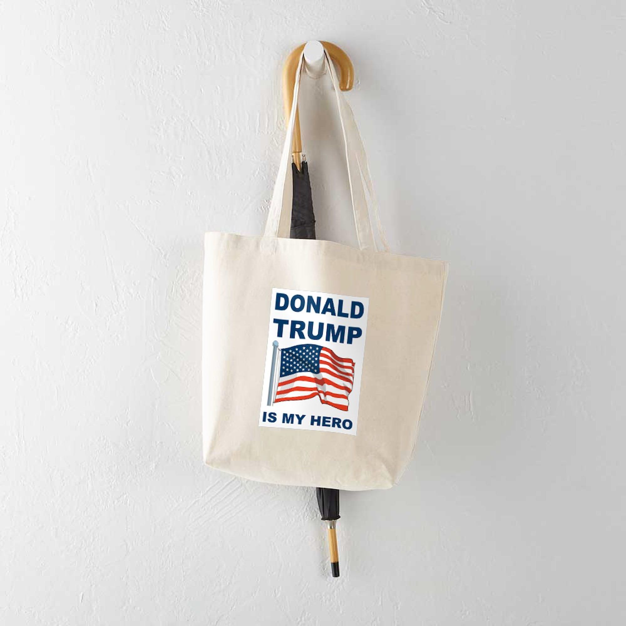 Donald Trump Is My Hero Tote Bag - Natural Canvas Reusable Shopping Bag for Groceries, Beach & Political Events | Eco-Friendly Tote with Patriotic Design