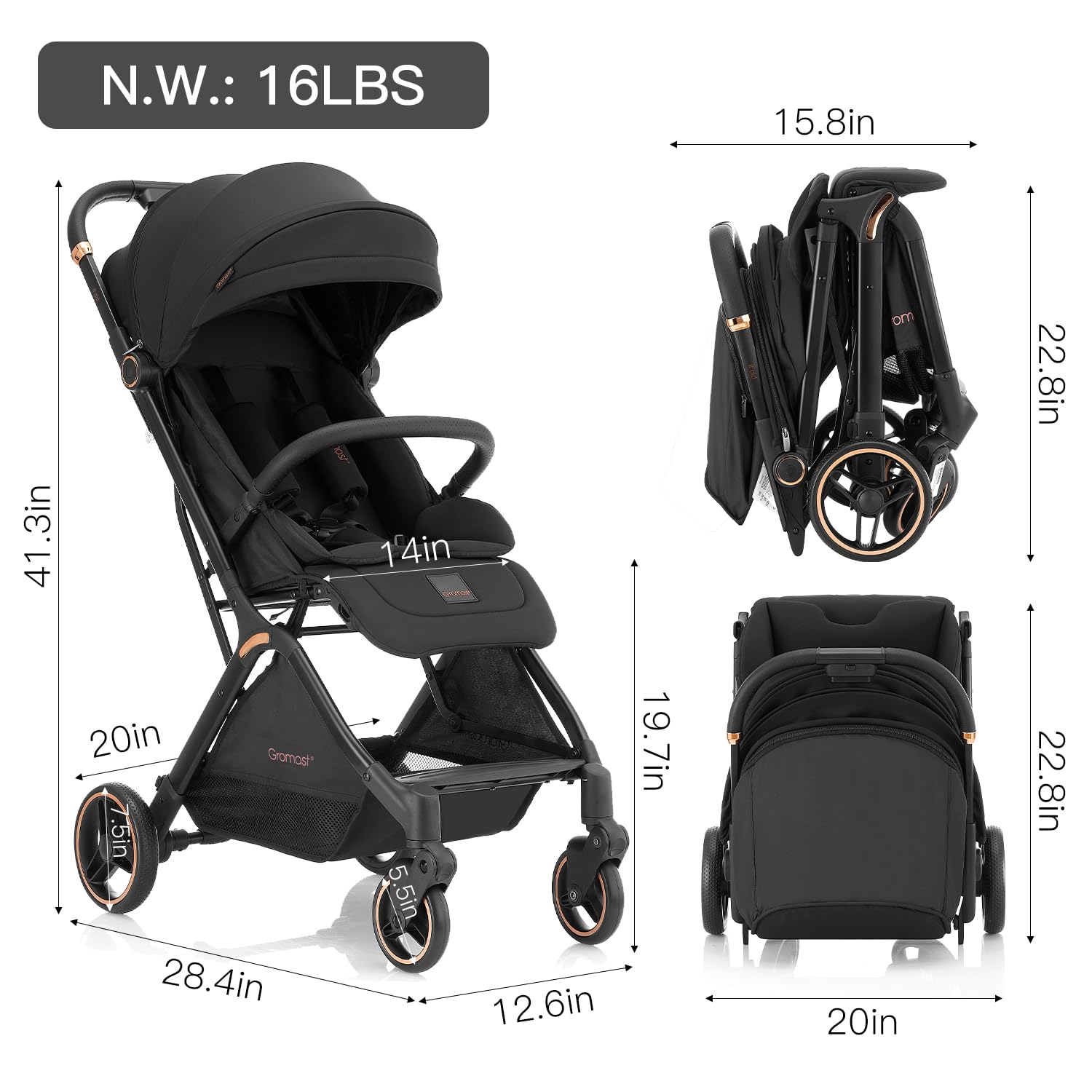 Lightweight Automatic Folding Baby Stroller - Portable Travel Stroller with Adjustable Backrest, UV Protection Canopy & One-Hand Fold - Black | Perfect for Air Travel, Shopping & Daily Walks