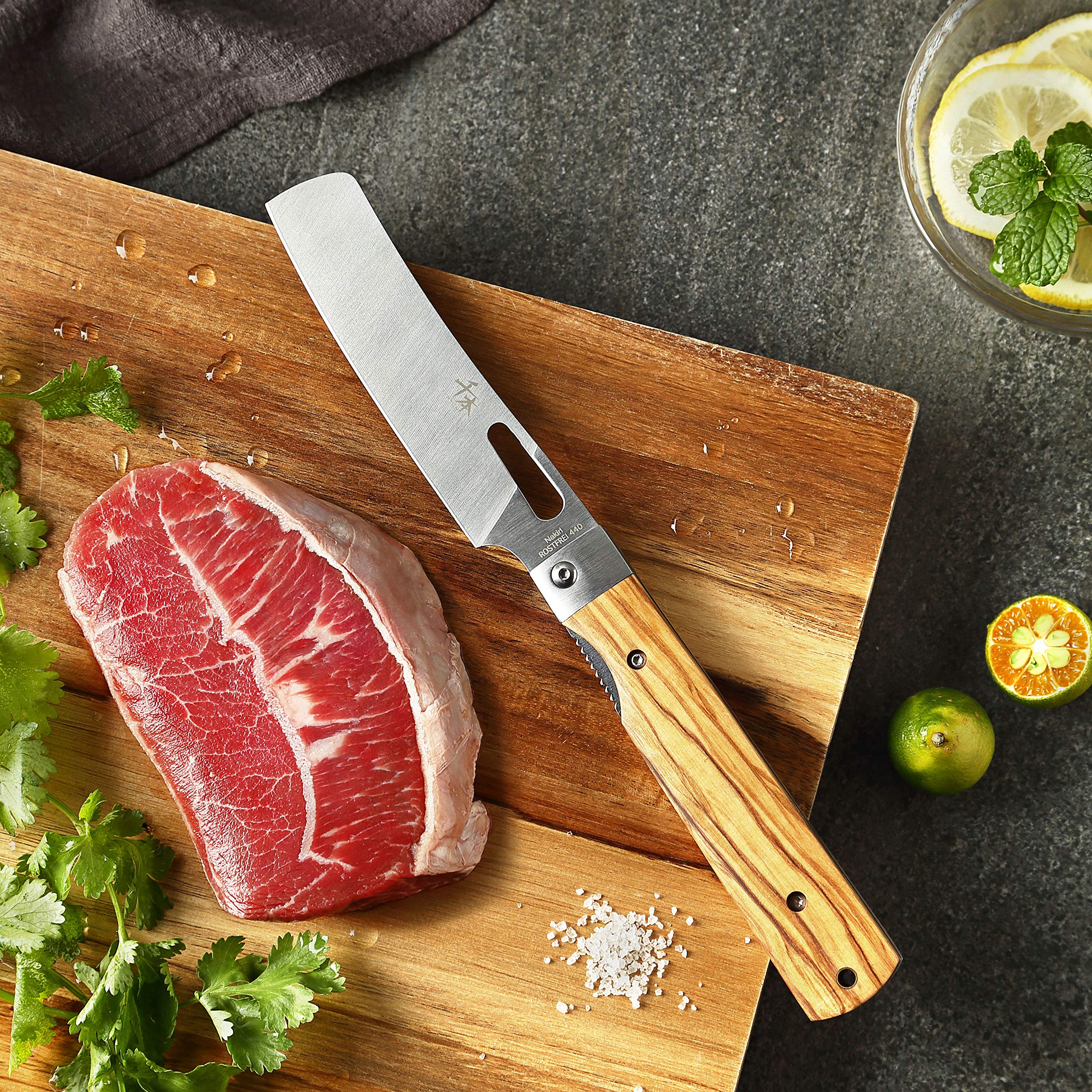 Premium 4-Piece Japanese Chef Knife Set - 440A Stainless Steel, Sharp Folding Pocket Knives with Natural Olive Wood Handle - Ideal for Home Cooking, Camping & Outdoor Adventures