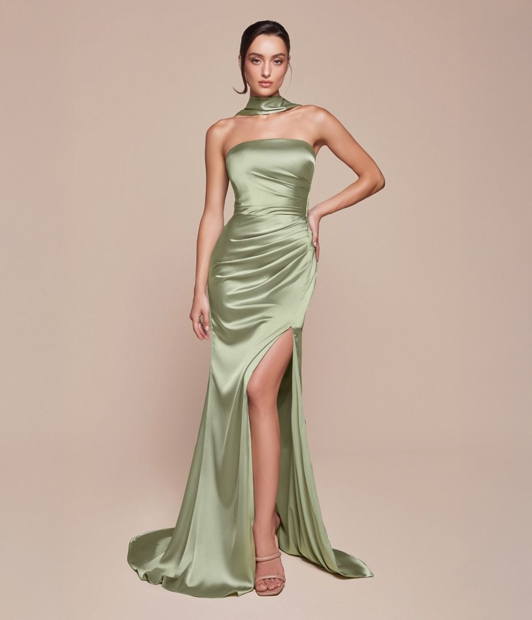 Ladivine by Cinderella Divine Sage Green Strapless Satin Prom Dress with Detachable Sash - Elegant Evening Gown for Homecoming, Wedding Guest & Special Occasions