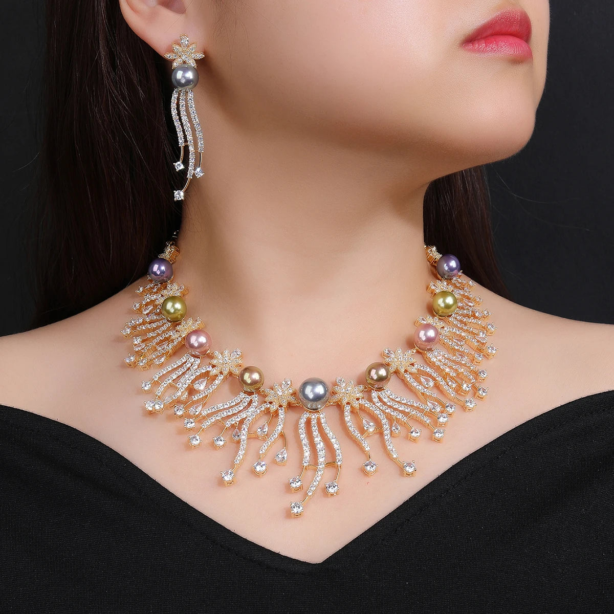 Luxury Bridal Jewelry Set - Pearl & Cubic Zirconia Necklace & Earrings Set for Women - Elegant Wedding, Party & Special Occasion Jewelry CN11558