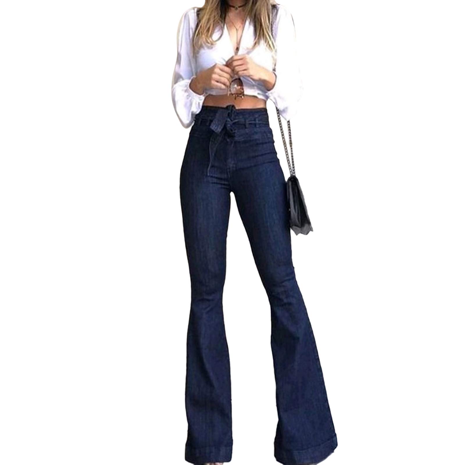 Lookwoild Women's High Waist Flare Bell Bottom Jeans - Y2K Vintage Denim Pants with Wide Hem for Casual Streetwear (Blue, Medium) | Perfect for 70s Retro Outfits & Everyday Fashion