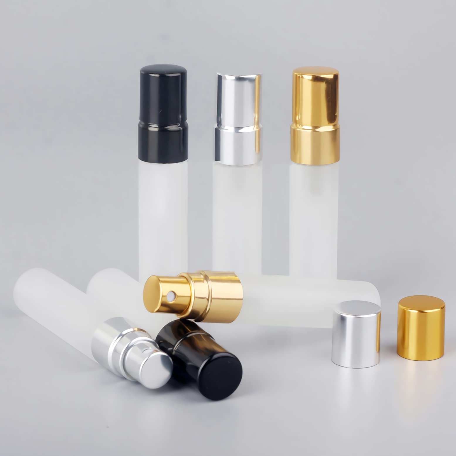 LusDoly 12-Pack 5ml Frosted Transparent Refillable Perfume Atomizer Bottles with Gold Sprayer - Travel-Sized Glass Fine Mist Bottles for Fragrance Samples, Essential Oils & DIY Perfume - Perfect for Travel, Gym, Purse & Gift Giving