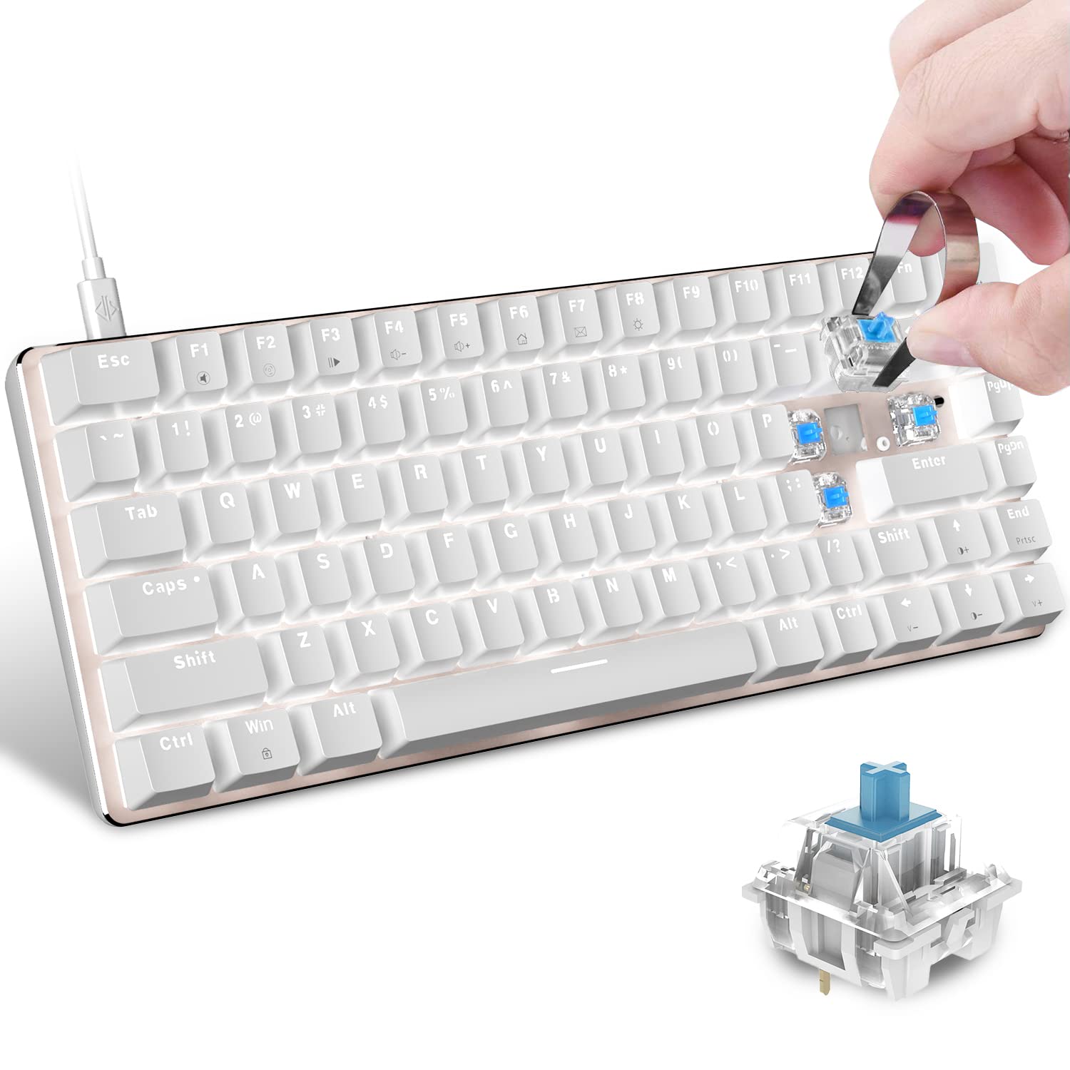 60% Compact Wired Mechanical Gaming Keyboard - 82 Hot-Swappable Keys, White LED Backlit, Detachable Type-C Cable, Ergonomic Design for PC Gamers (Blue Switch, White) | Perfect for Esports, Office Work & Typing Enthusiasts