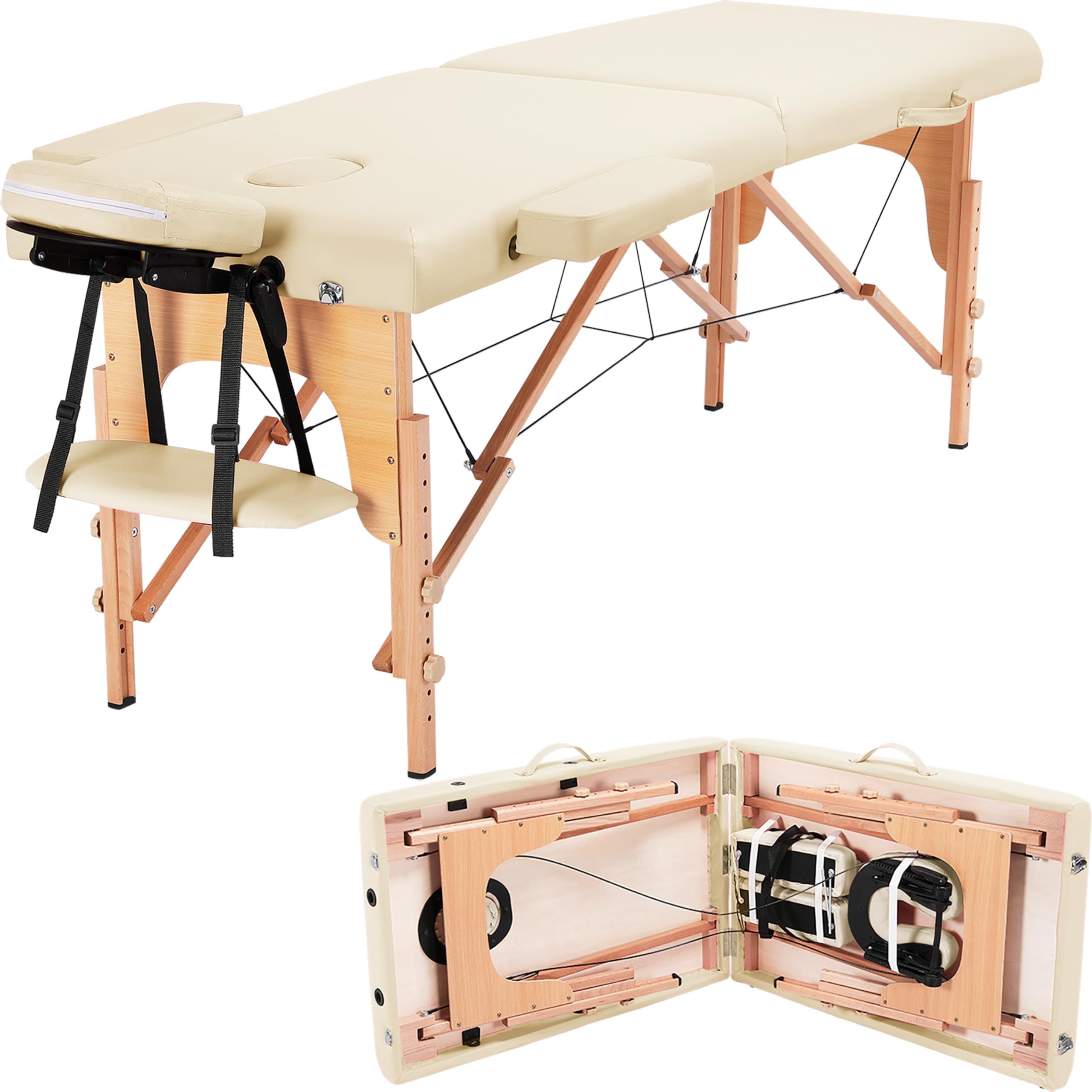 Yaheetech Portable Folding Massage Table - 24 Inch Adjustable Spa Bed for Lash Extensions, Facials & Body Massage - Includes Non-Woven Carrying Bag (Cream) - Perfect for Home Spa, Salon & Professional Use