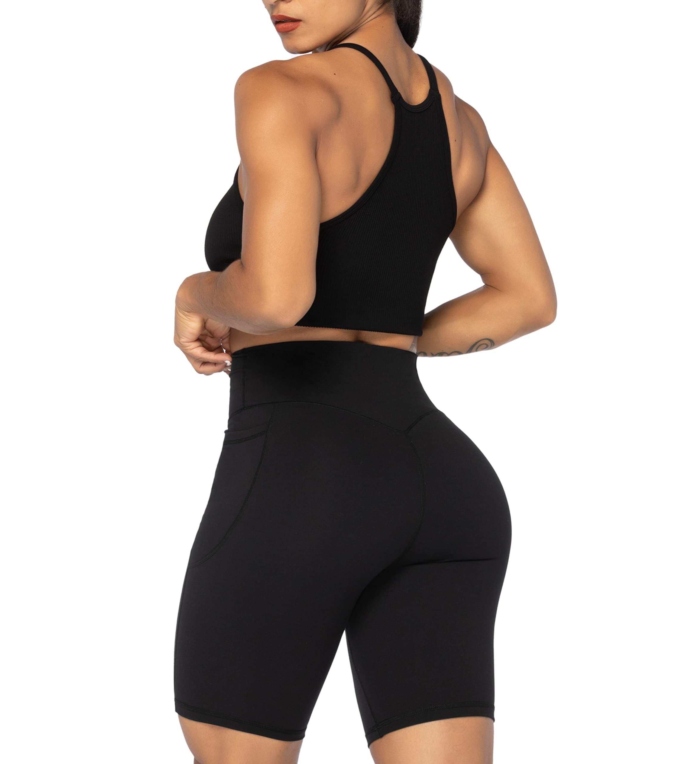 Sunzel Women's No Front Seam Biker Shorts with Pockets - High Waisted Tummy Control Yoga Workout Gym Cycling Shorts for Running, Pilates & Lounge Wear