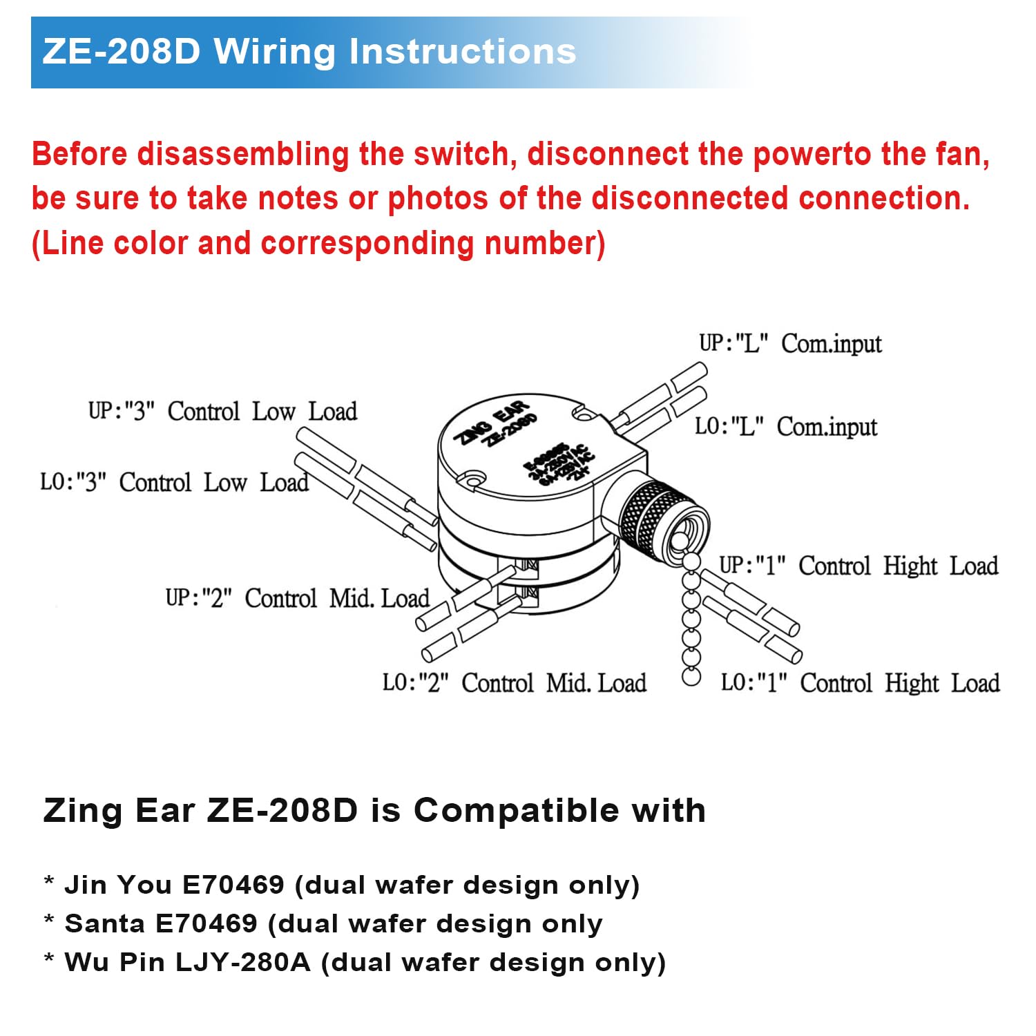 Zing Ear ZE-208D 3-Speed Ceiling Fan Control Switch with 5-8 Wire Pull Chain - Brass Chain Replacement Part for Ceiling Fans - Perfect for Bedroom, Living Room & Office Fan Repair