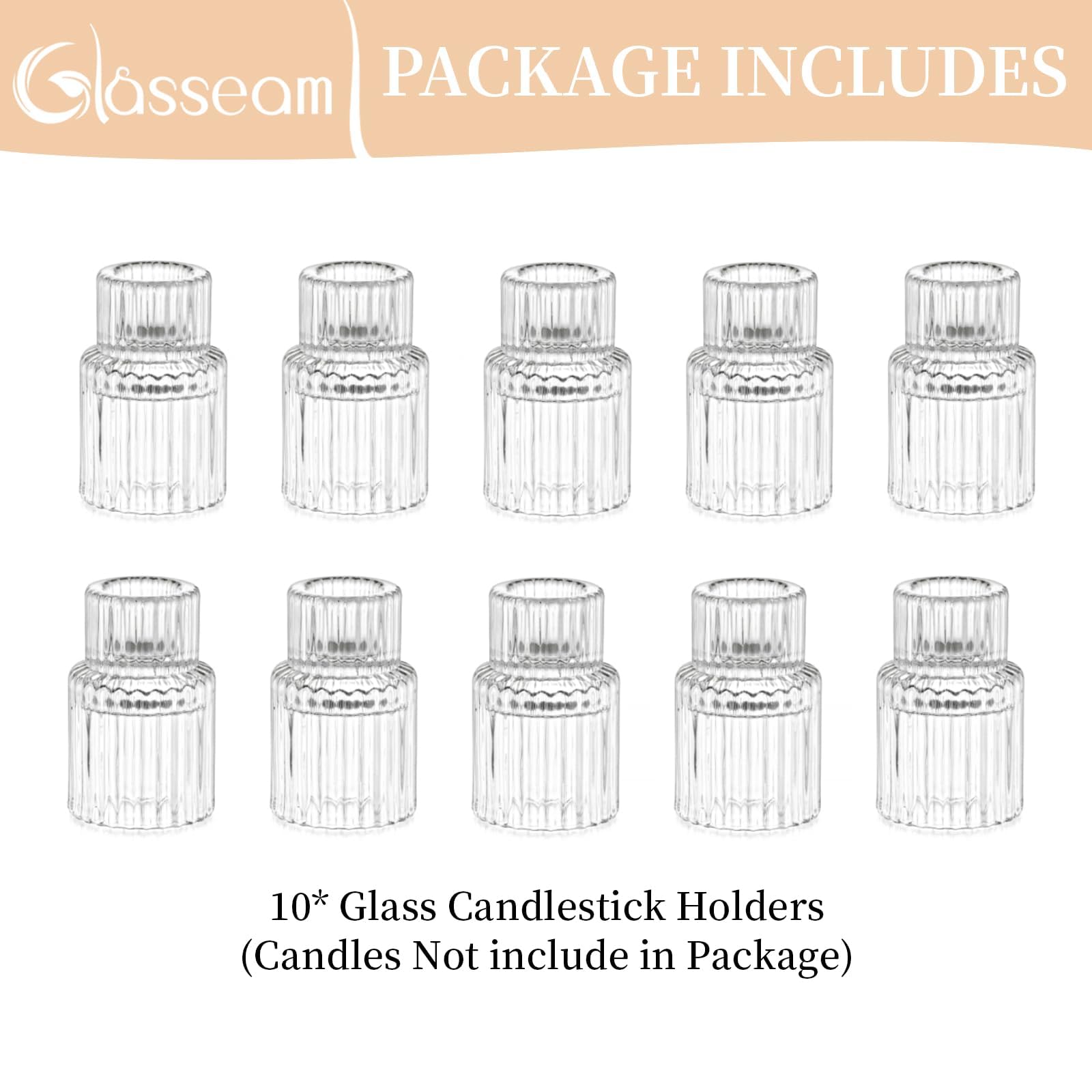 Glasseam Clear Glass Candle Stick Holders Set of 10 - Modern Ribbed Taper Candle Holders for Dining Table Centerpiece, Wedding Decor, Romantic Dinner Ambiance & Home Decoration