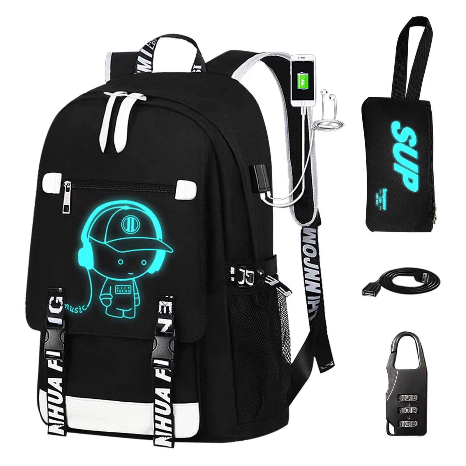 EMISOO Waterproof Luminous Pattern Laptop Backpack with USB Charging Port & Headphone Jack - Adjustable Shoulder Straps, Pencil Case & Combination Lock - Perfect for Travel, School & Work Commute