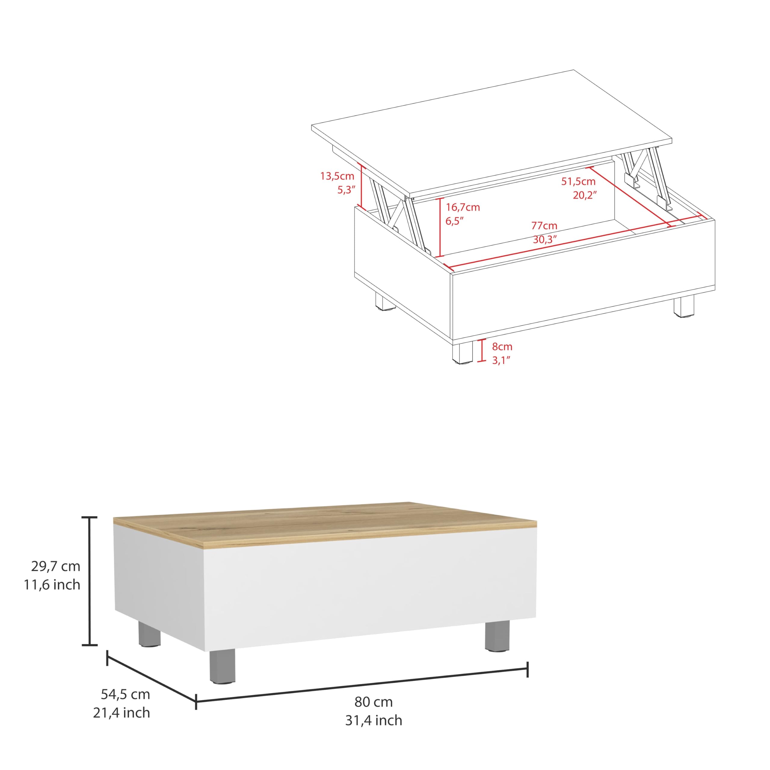 Tuhome Gambia Lift Top Coffee Table with Storage, 4-Leg Design in White & Light Oak - Perfect for Living Room, Office, and Small Spaces