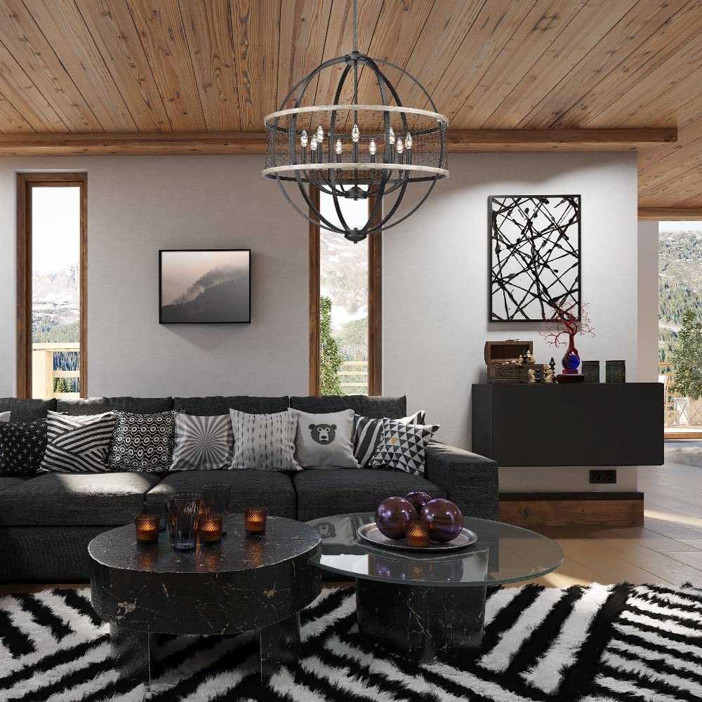 Roost 9-Light Farmhouse Chandelier in Matte Black with Chicken Wire Shade - Perfect for Dining Room, Kitchen Island & Rustic Home Decor