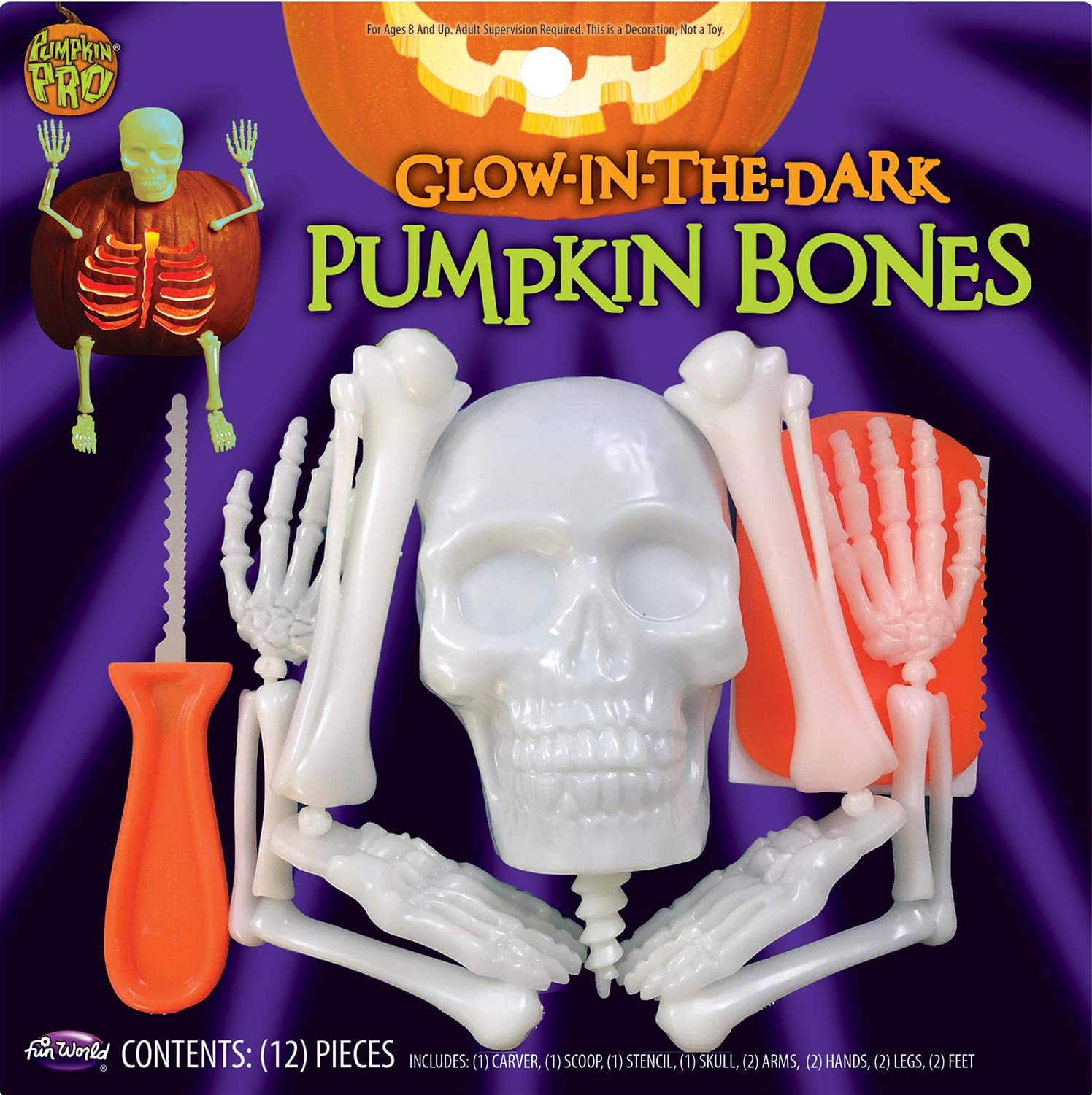 FunWorld Glow in The Dark Skeleton Bones Pumpkin Carving Kit - Halloween Decorations for Pumpkin Carving, Party Decor & Spooky Home Decor - Perfect for Halloween Parties, Trick or Treat & Haunted House Themes