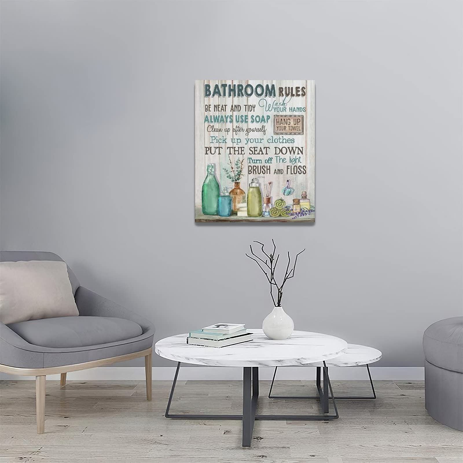 Rustic Bathroom Wall Art Decor - Framed Canvas Prints with Wood Background for Modern Farmhouse, Bath & Laundry Room | Bathroom Rules Signs & Pictures for Home Decoration | Perfect for Spa-Like Retreats & Cozy Farmhouse Style