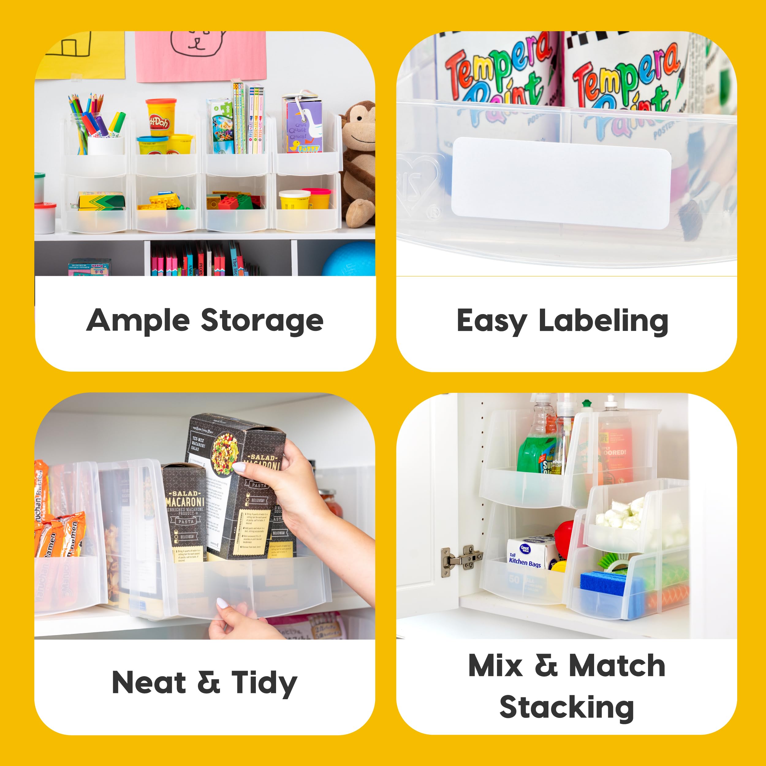 IRIS USA Clear Plastic Stackable Storage Bins - 4 Pack Medium Open Front Organizer Baskets for Kitchen, Pantry, Fridge, Bathroom & Office | Perfect for Snacks, Cans, Coffee Pods & Supplies | Space-Saving Home & Office Organization Solution