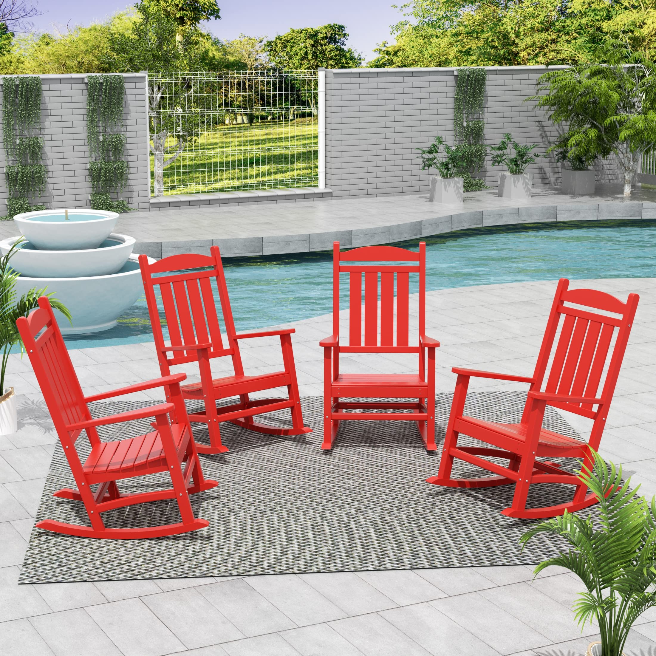 WO Home Furniture 4-Piece Patio Rocking Chair Set - Traditional Outdoor HDPE Rocking Chairs with UV & Weather Resistance (Red) - Perfect for Backyard, Garden, Porch & Poolside Relaxation
