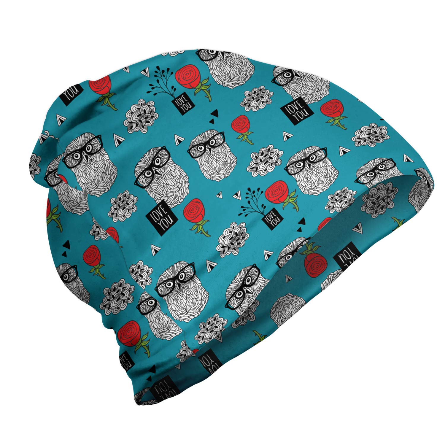 Ambesonne Unisex Beanie with Smart Owls & Roses Design - Warm Winter Knit Hat for Men & Women - Perfect for Hiking, Outdoor Activities & Cold Weather Fashion