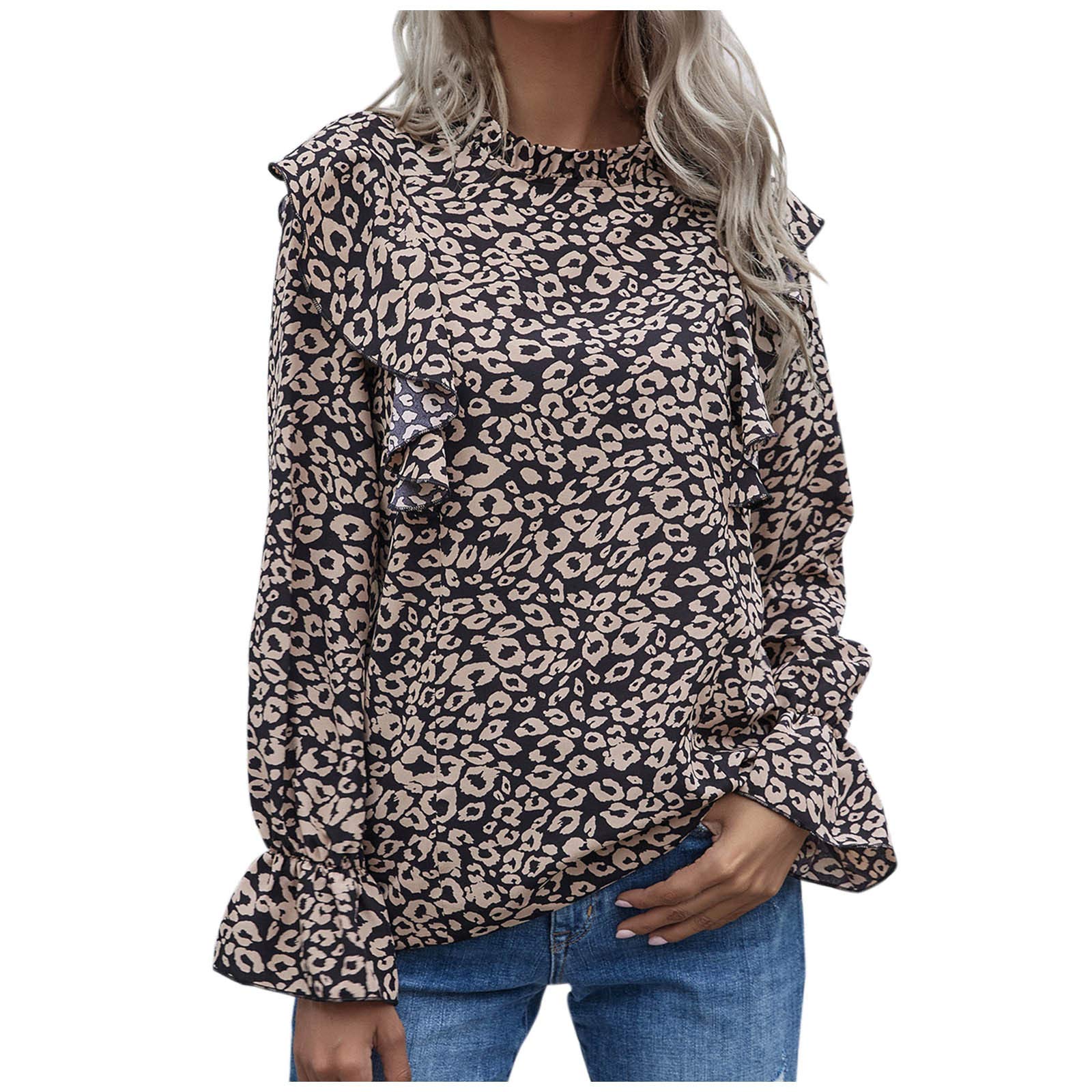 Women's Long Sleeve Crewneck Leopard Print Blouse - Trendy Ruffle Casual Loose T-Shirt for Summer & Fall (Small, Multicolor) | Perfect for Office Wear, Date Nights & Casual Outings