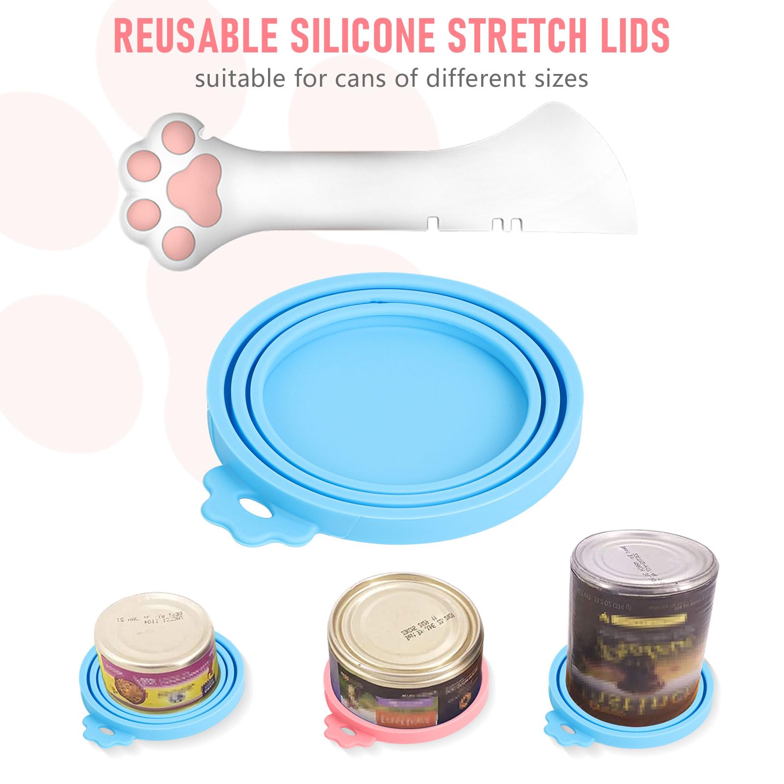KUIING 3PCS Silicone Pet Food Can Covers with Spoon - for Cat Dog Feeding Jars (Pink Blue) - Keep Food Fresh