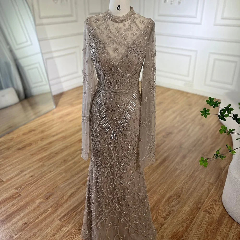 Luxury Dubai Muslim Mermaid Evening Dress with Elegant Bell Sleeves & Beaded Details - Formal Gowns for Weddings, Parties & Special Occasions | LA72316A