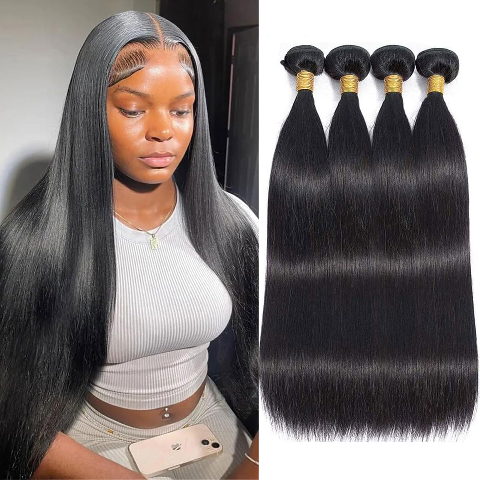 12A Brazilian Straight Virgin Human Hair Bundles - 4 Packs 20 22 24 26 Inch 100% Unprocessed Natural Black Hair Extensions for Women | Perfect for Daily Styling, Weaves & Professional Salon Use