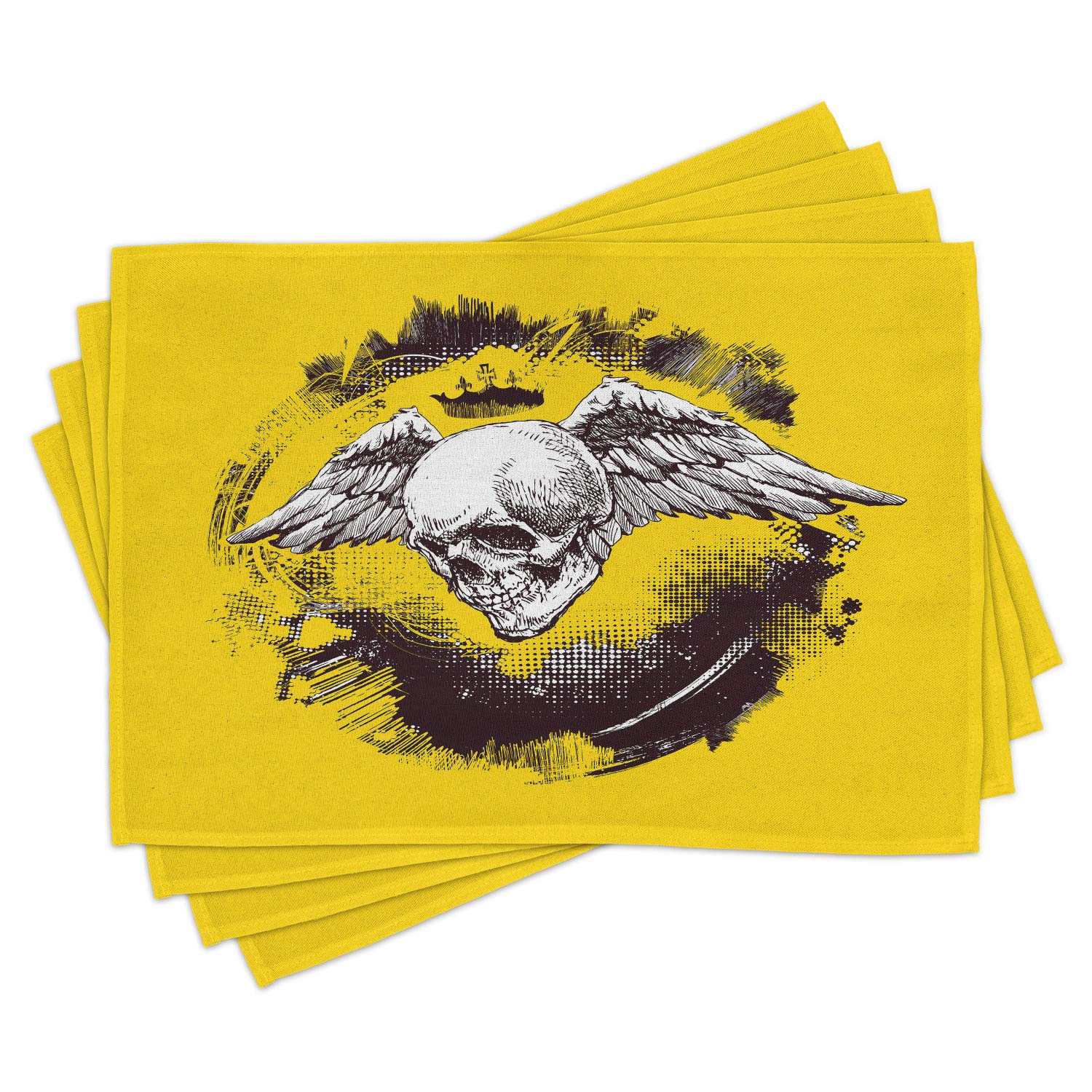 Ambesonne 4-Piece Tattoo-Themed Placemats Set - Gothic Skull with Crown & Feather Wings Design - Washable Fabric Table Mats for Dining Room & Kitchen Decor (Yellow, Black, White) - Perfect for Halloween Parties, Gothic Home Decor & Unique Gift Ideas