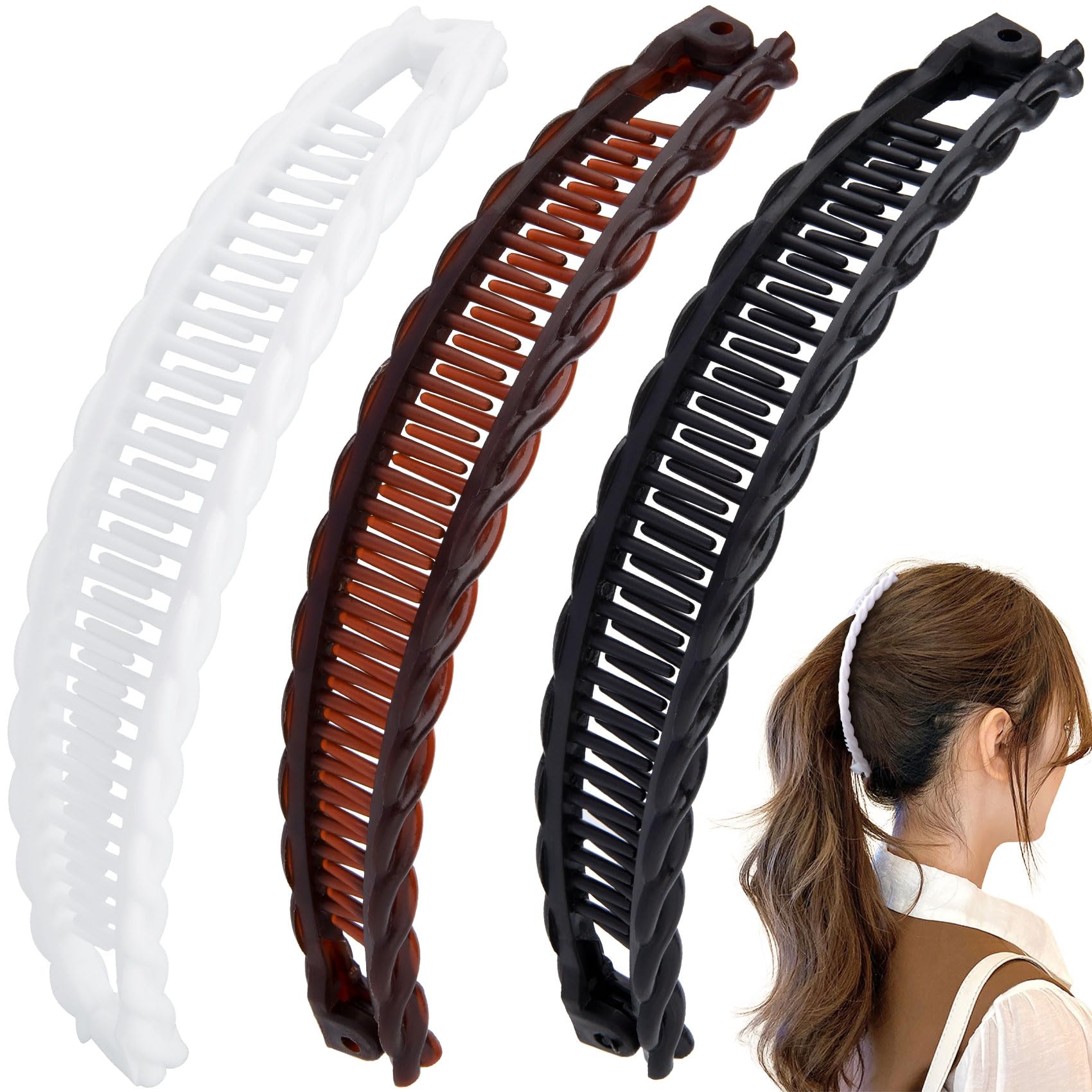 3pcs Banana Hair Clips for Women - Non-Slip Large Hair Claw Clips with Double Combs for Thick, Thin, Fine, Straight, Curly, Long & Short Hair - Brown, Black & White - Perfect for Work, School, Gym & Everyday Styling