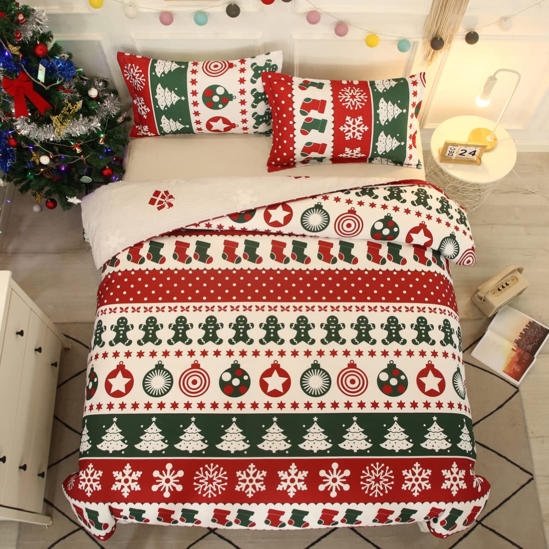 Premium Mengersi Christmas Snowflakes & Xmas Trees Duvet Cover King Size - Festive Holiday Bedding Set with Zipper Closure - Cozy Winter Home Decor for Bedroom (Green) - Perfect for Christmas Celebrations, Winter Home Styling & New Year Decorations