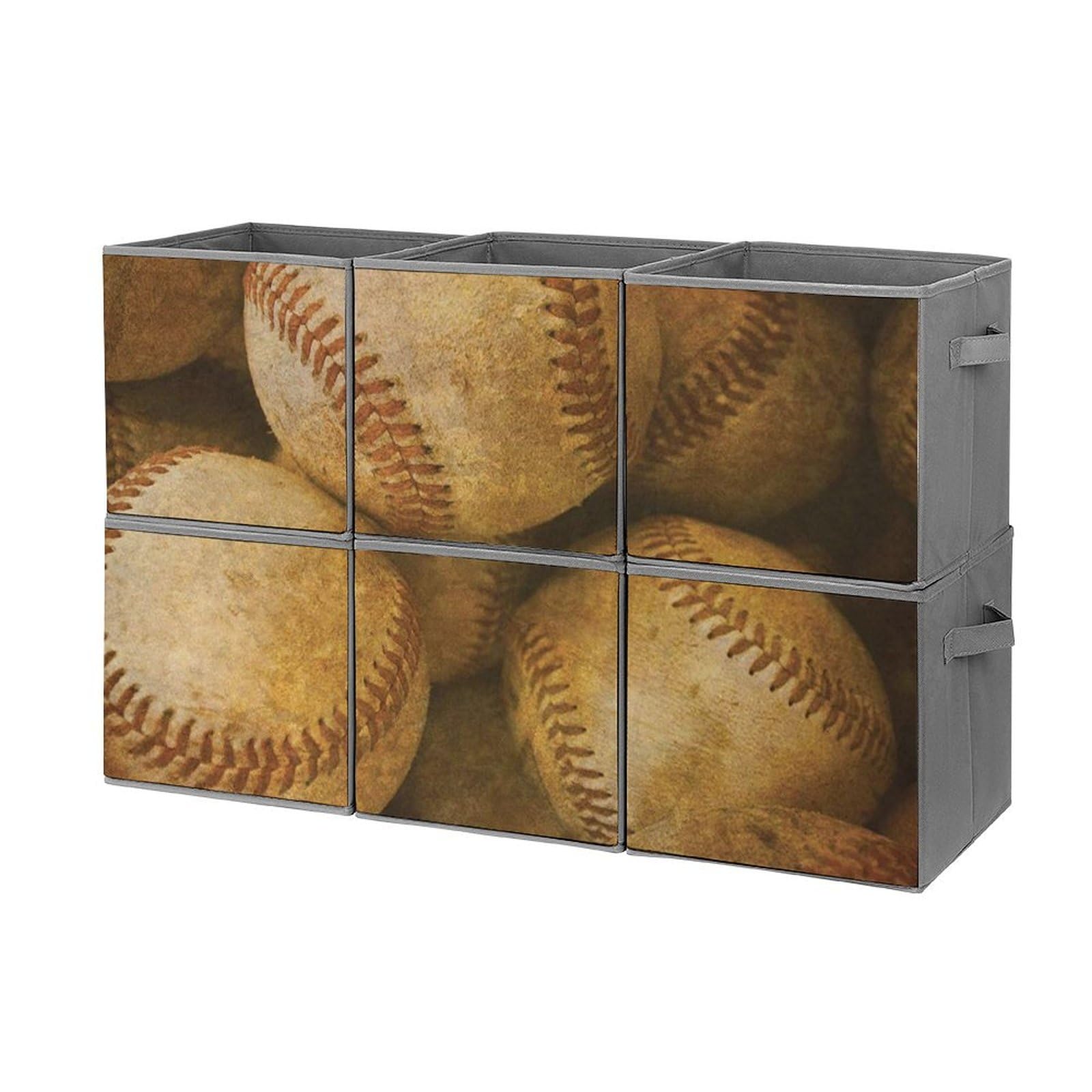 Vintage Baseball Collapsible Storage Bins - Set of 6 Foldable Cubby Organizer Boxes with Handles for Sports Gear, Toys & Home Organization (Perfect for Bedroom, Closet & Kids Room Storage)