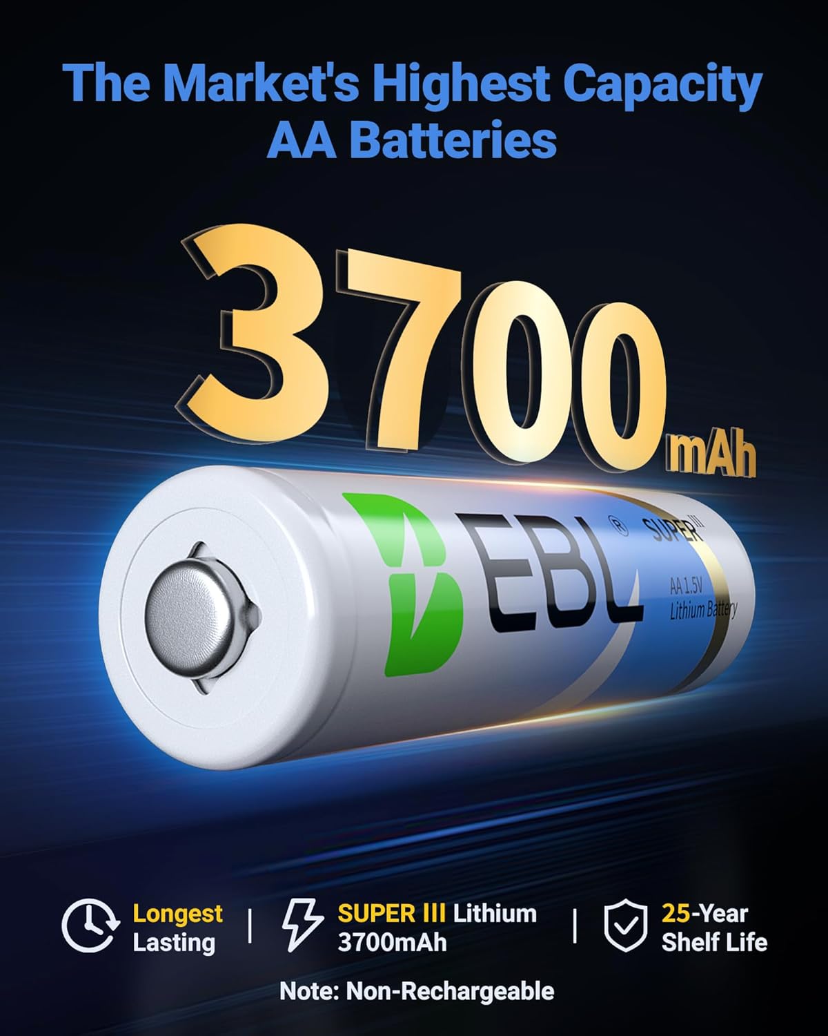 EBL 3700mAh AA Lithium Batteries 1.5V Non-Rechargeable - Long Lasting Power for Digital Cameras, Flashlights, Toys & More