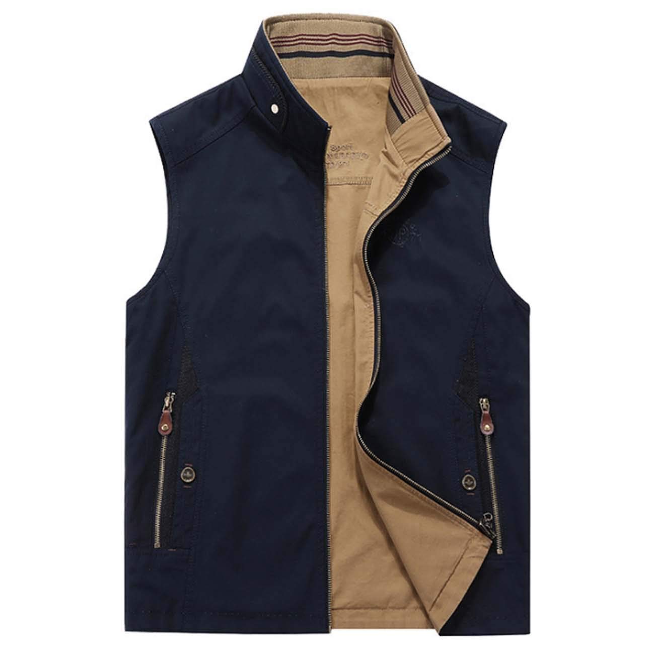 Men's Reversible Cotton Waistcoat with Multiple Pockets - Stand Collar Sleeveless Gilet Jacket for Spring & Autumn Outdoor Wear | Navy Blue XL | Hiking, Travel & Casual Style