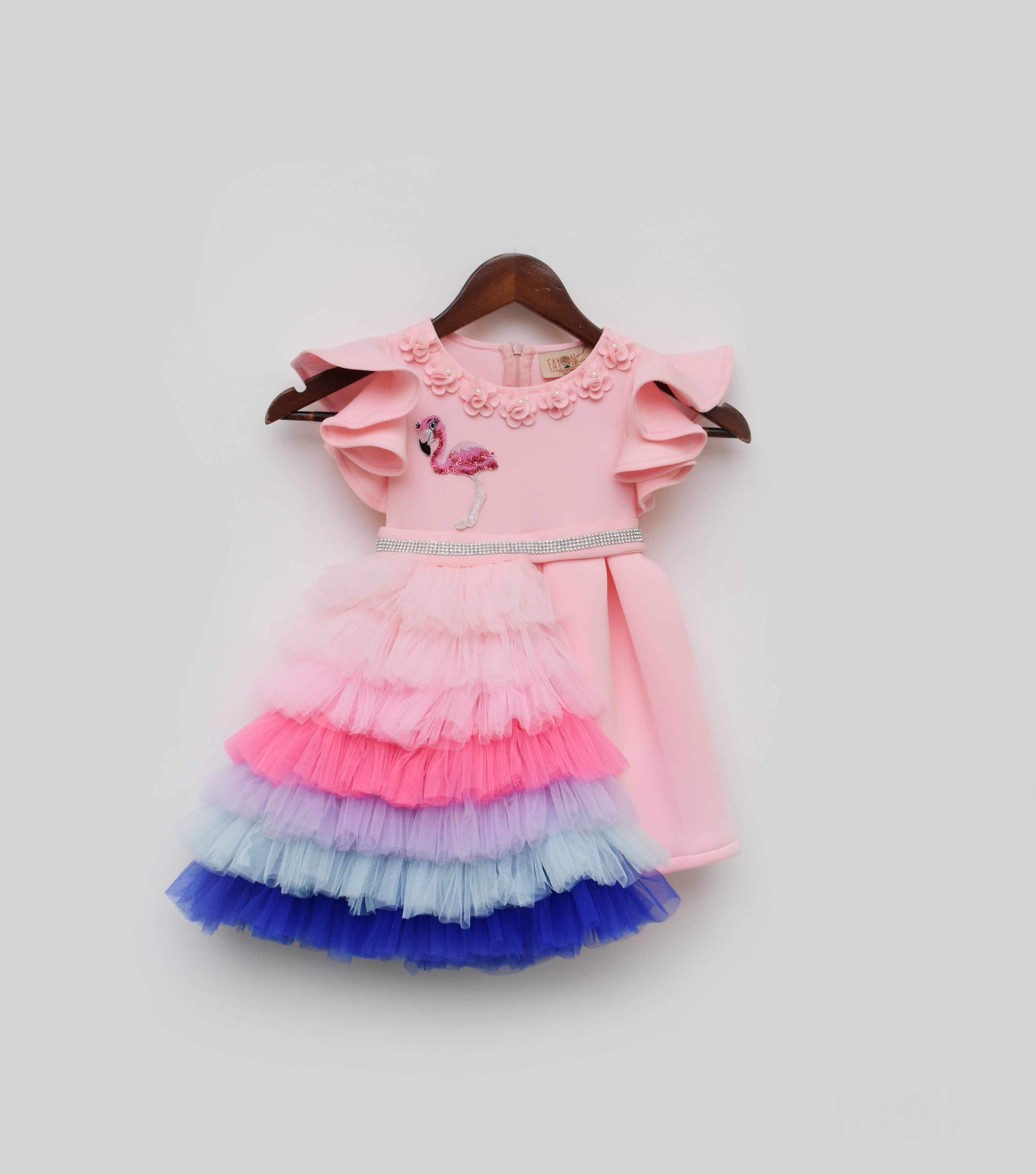 Pre Order: Pink Lycra Dress with Net Frills Trail - Elegant Party Gown for Women, Perfect for Prom, Evening Events & Special Occasions