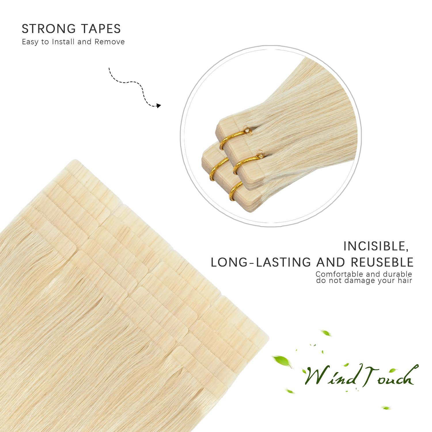 WindTouch 16 Inch Platinum Blonde Tape in Hair Extensions (20 Pcs) - 100% Human Hair, 30g Natural Invisible Tape Extensions for Volume & Length - Perfect for Daily Wear, Parties & Special Occasions