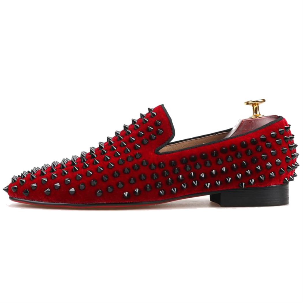 FERUCCI Men's Burgundy Velvet Loafers with Black Spikes - Comfortable House Slippers for Indoor/Outdoor Wear, Perfect for Lounge, Home, and Casual Occasions