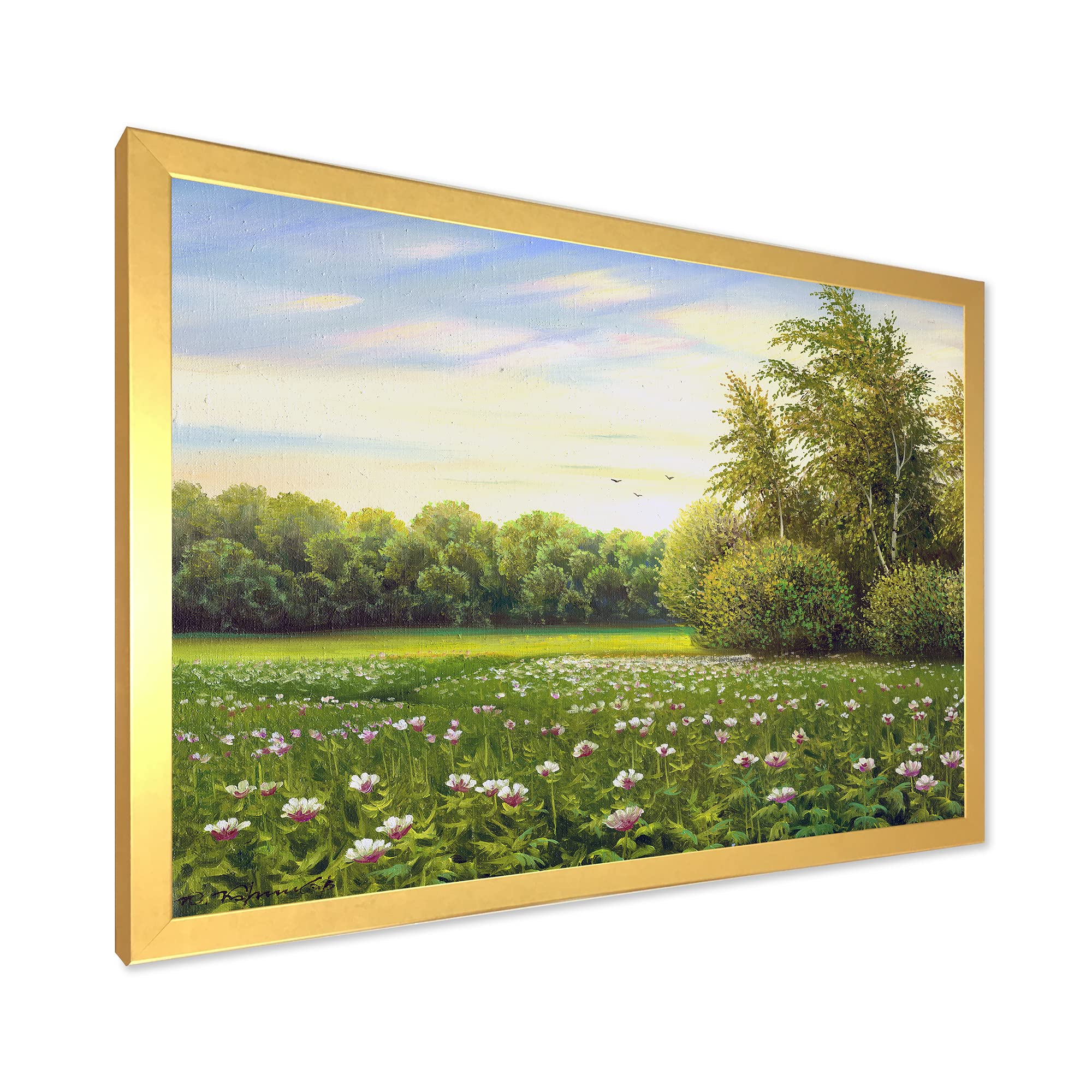 DesignQ Spring Trees By The Meadows Framed Country Wall Art - Rustic Landscape Painting for Living Room, Bedroom & Office Decor