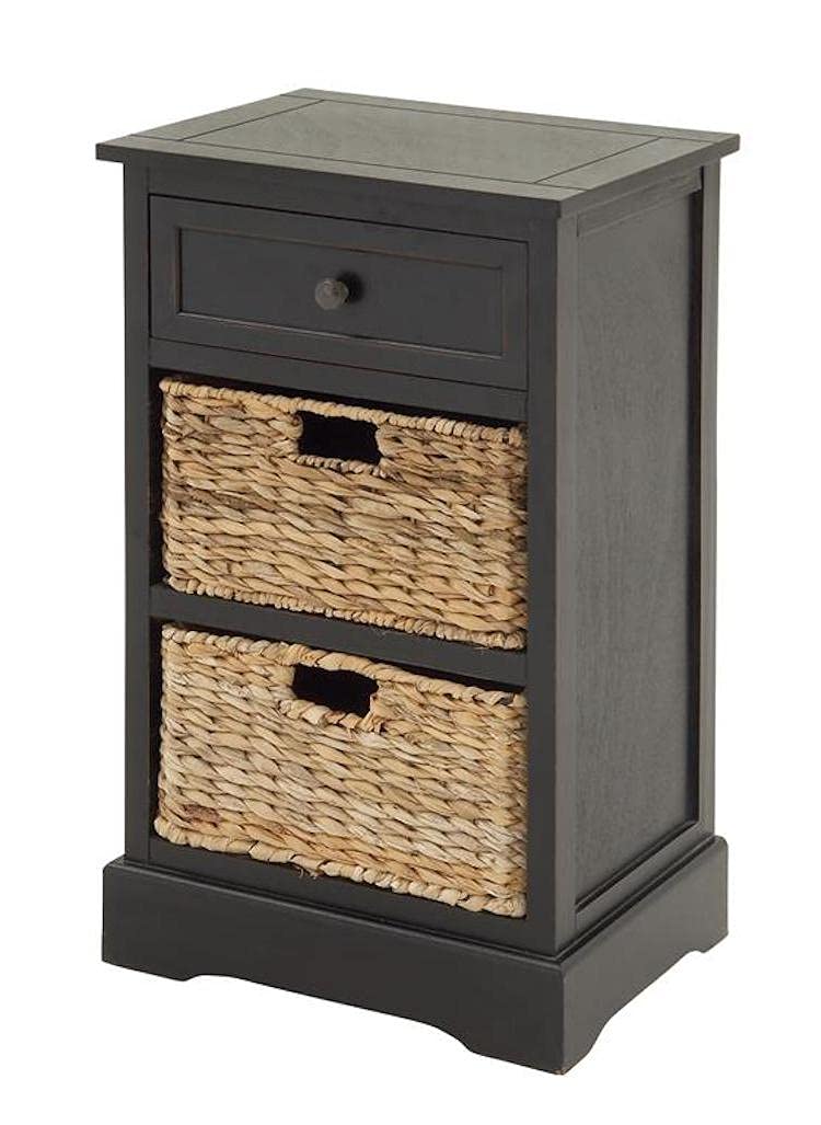 Urban Designs Espresso Malibu 3-Drawer Nightstand with Wicker Baskets - Medium Brown Bedside Table for Bedroom, Living Room, or Office Storage