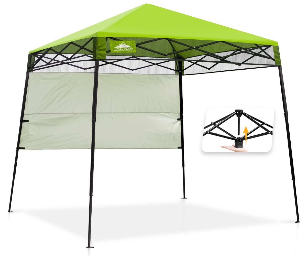 EAGLE PEAK 8x8 Pop Up Canopy Tent with Sidewall - Compact & Portable Slant Leg Instant Sun Shelter for Outdoor Events, Beach, Sports, Camping, Picnics, BBQ, and Tailgating - 8x8 Base 6x6 Top - Green Canopy Tent for Shade Protection