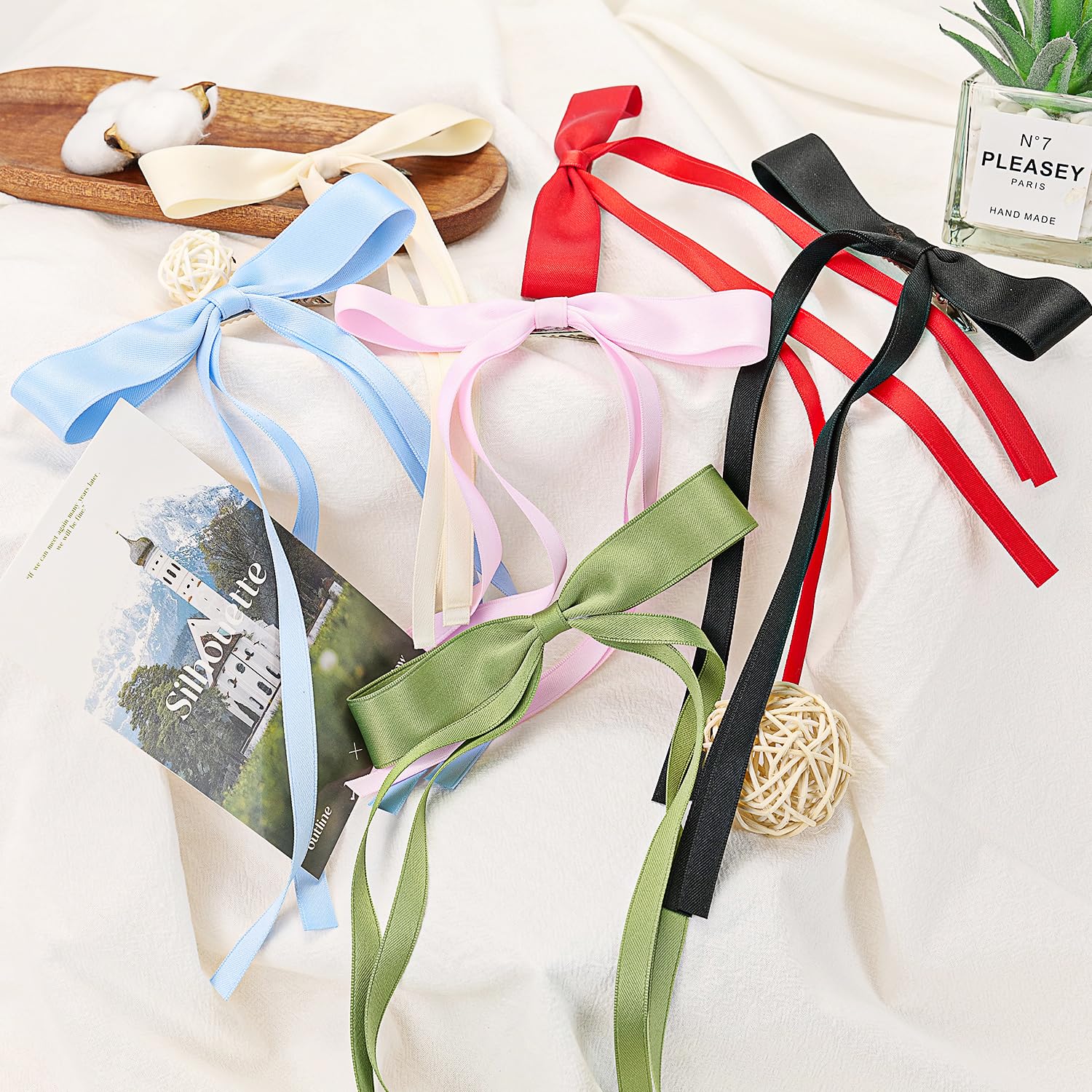6Pcs Satin Ribbon Hair Bows for Women with Metal Clips - Elegant Tassel Bowknot Hair Clips with Long Tail - Perfect Hair Barrettes & Bow Accessories for Weddings, Parties & Daily Styling