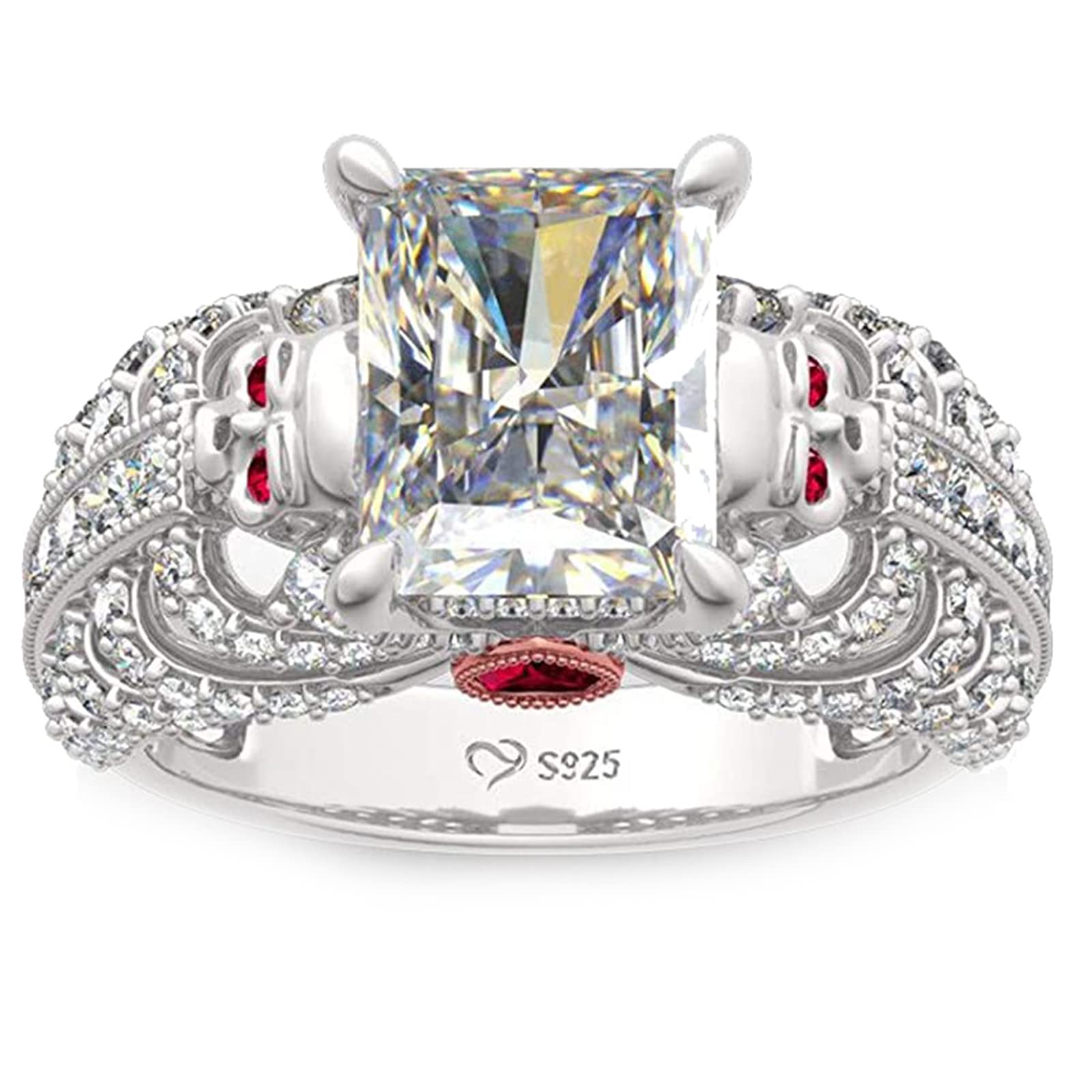 5.2 Carat Radiant Cut Diamond Engagement Ring for Women - 925 Sterling Silver Skull Ring with Ruby & Cubic Zirconia Heart - Wedding, Anniversary, Promise Ring - Romantic Gift for Her - Perfect for Valentine's Day, Proposals & Special Occasions