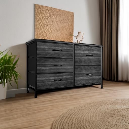 Modern 5-Drawer Black Dresser for Bedroom - Wood Grain Print Kids Dresser with Sturdy Wood Top - Space-Saving Storage for Clothes, Toys & Nursery Essentials - Perfect for Bedrooms, Closets & Kids' Rooms