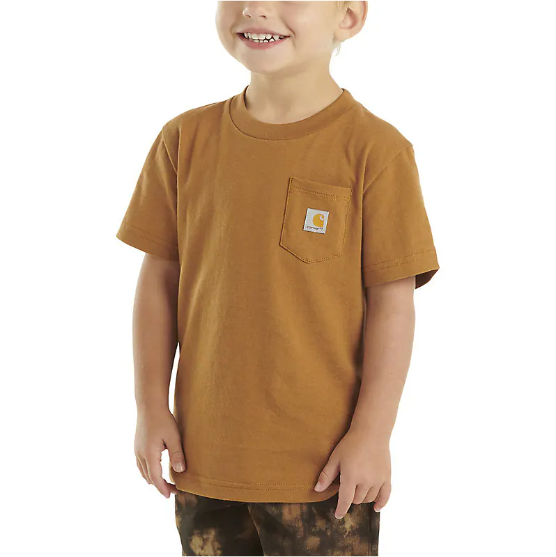 Carhartt Kids Short Sleeve Pocket T-Shirt for Boys & Girls - Soft Cotton Comfort, Durable Brown Tee for Playground & Outdoor Activities