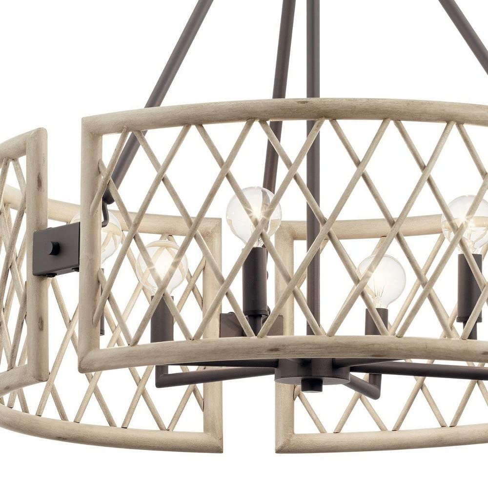 6-Light Country Rustic Wood Lattice Drum Shade Chandelier - Farmhouse Ceiling Light Fixture for Dining Room, Kitchen, Living Room & Bedroom