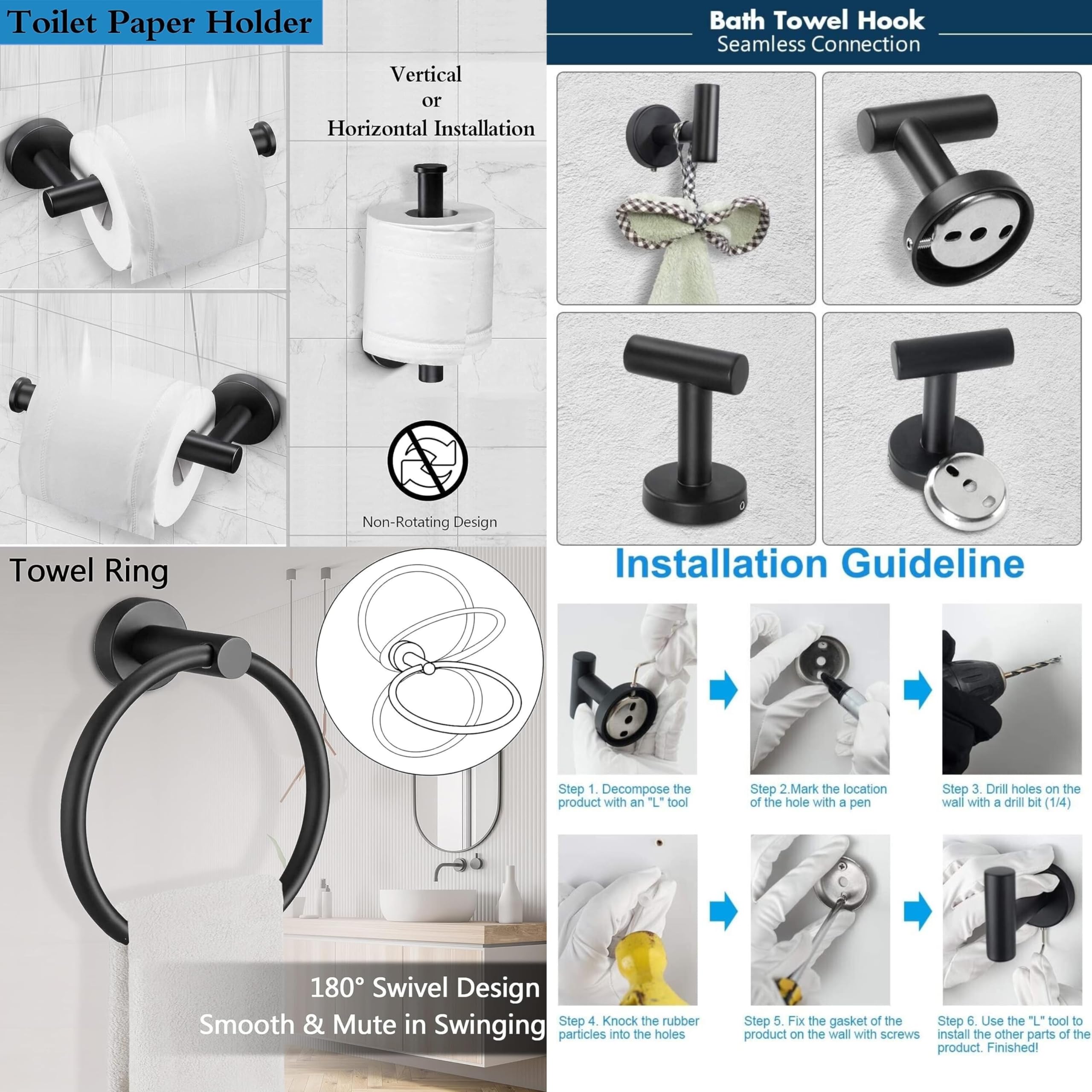 Premium 4-Piece Bathroom Hardware Set - 304 Stainless Steel Wall Mounted Robe Hooks, Toilet Paper Holder & Towel Ring (Black) - Durable Bath Accessories for Modern Home & Hotel Decor