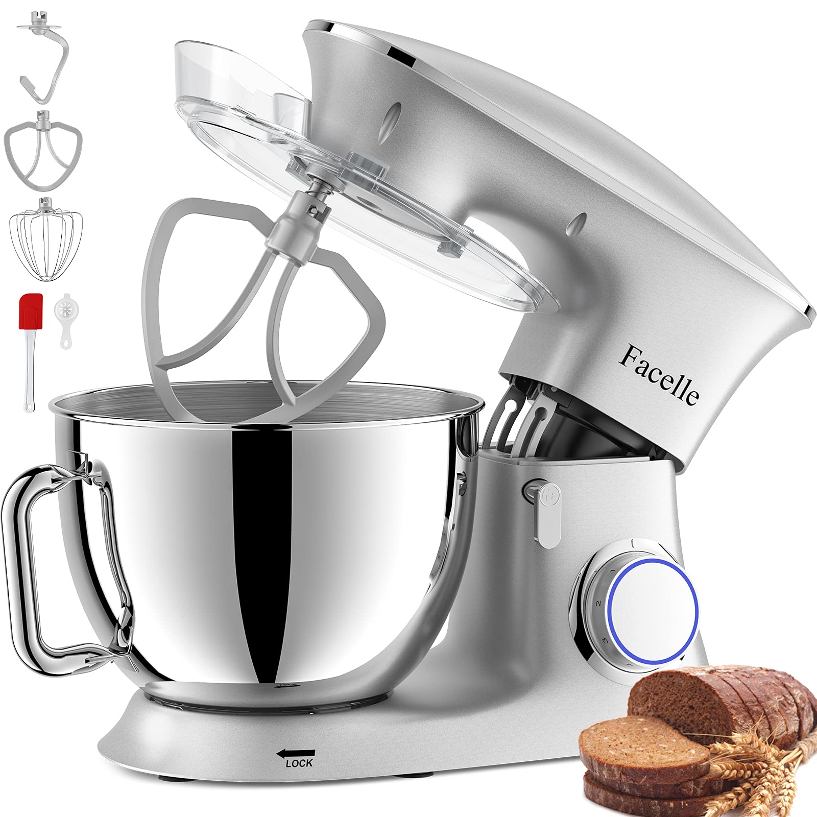 **Facelle 8.5QT Stand Mixer, 660W 6-Speed Tilt-Head Electric Kitchen Mixer with Beater, Dough Hook & Wire Whip - Perfect for Baking Bread, Cakes & Cookies (Silver)**