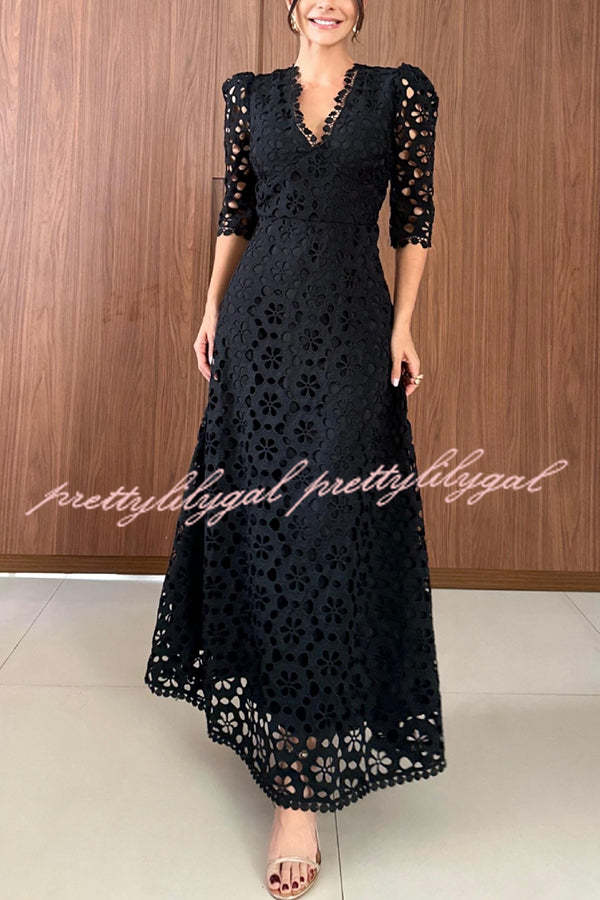 Best Day Ever Crochet Floral Lace Puff Sleeve Lined Maxi Dress for Women - Elegant Summer Beach Wedding Guest Dress