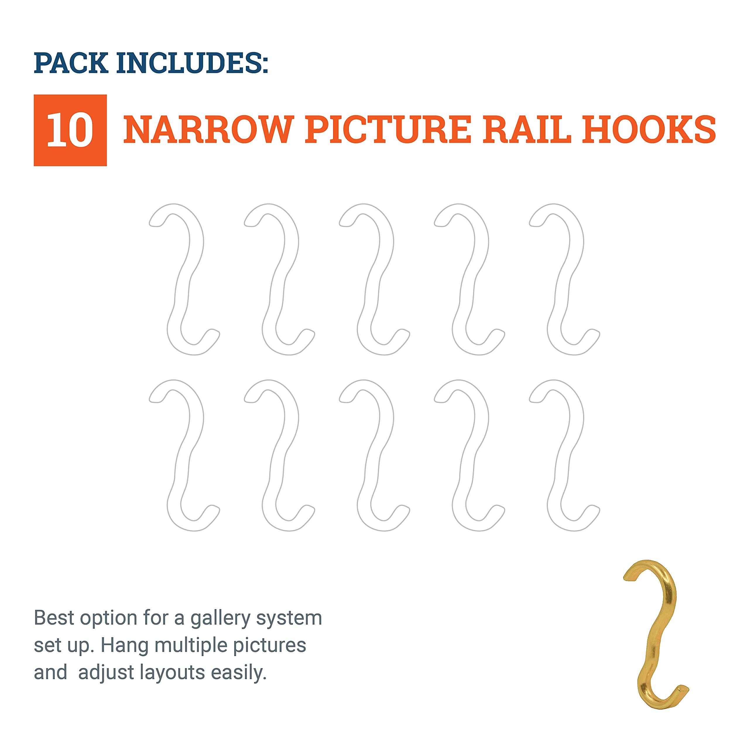 Narrow Picture Rail Hooks Brass Finish - 10 Pack - Heavy Duty Molding Hooks for Hanging Frames, Artwork, and Mirrors - Perfect for Home Decor and Gallery Displays