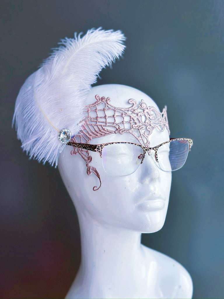 White Ostrich Feather Eyeglass Mask - Elegant Costume Accessory for Masquerade Balls, Halloween Parties & Themed Events